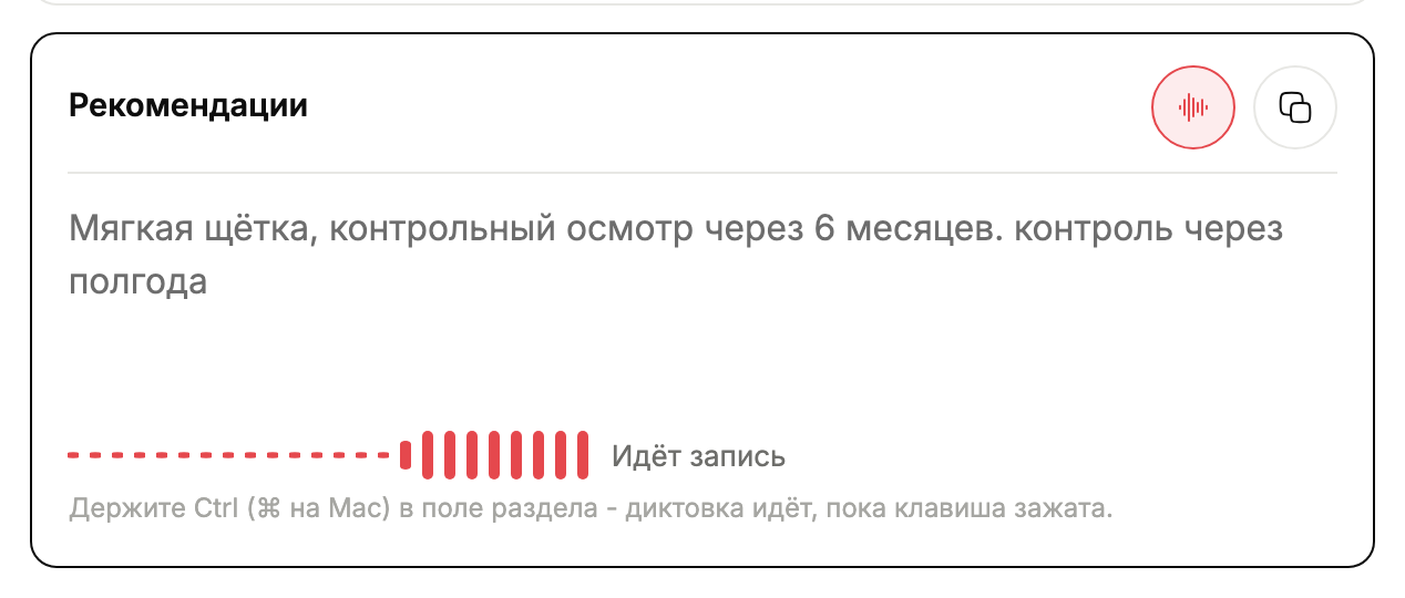 Раздел протокола во время диктовки: волна уровня и подпись «Идёт запись».
